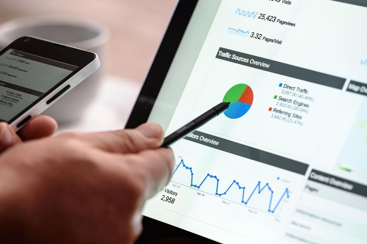 Person reviewing an analytics dashboard showing traffic sources and visitor data